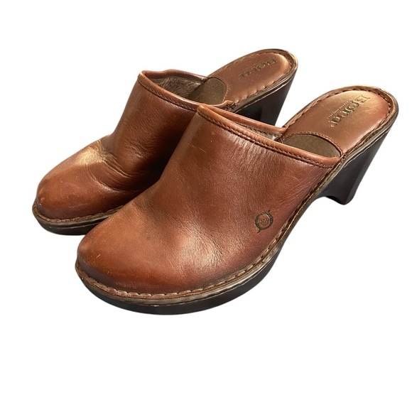 Born Women's Brown Leather Heeled Clogs - Picture 2 of 6
